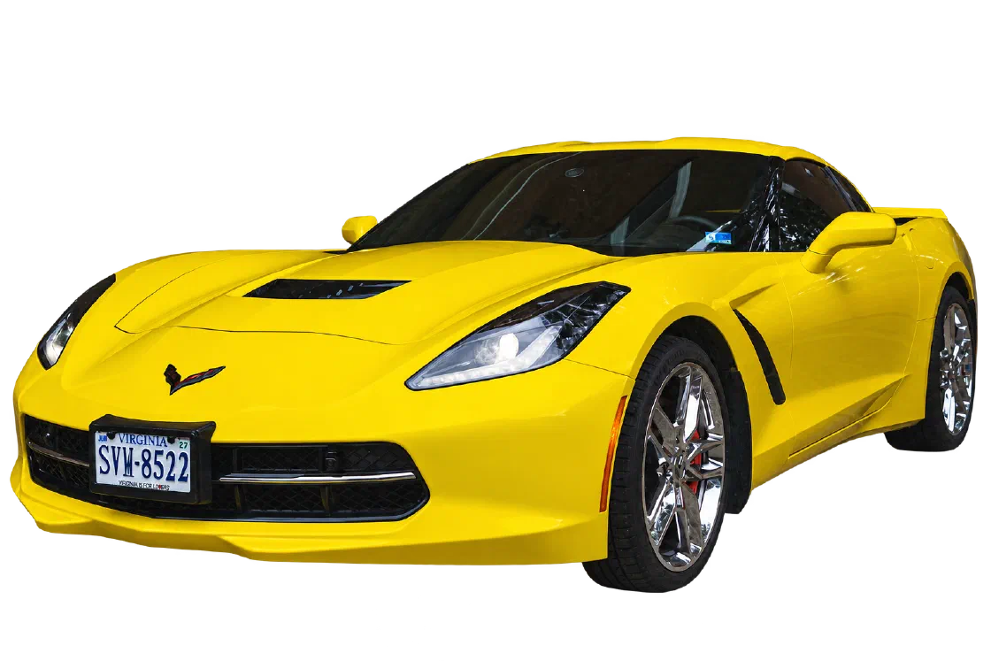 Racing Yellow Corvette Stingray Z51 photographed from the front driver-side corner